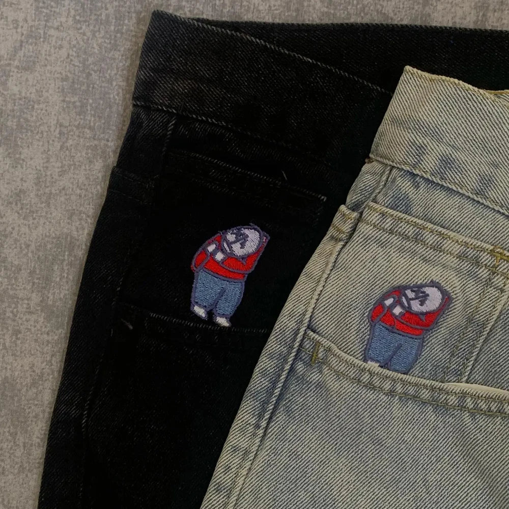 Y2K Embroidery Baggy Boy Jeans Women Streetwear Gothic Cartoon Blue Straight Jeans Retro Punk Rock High Waist Denim Trousers - Matrix-studios.com