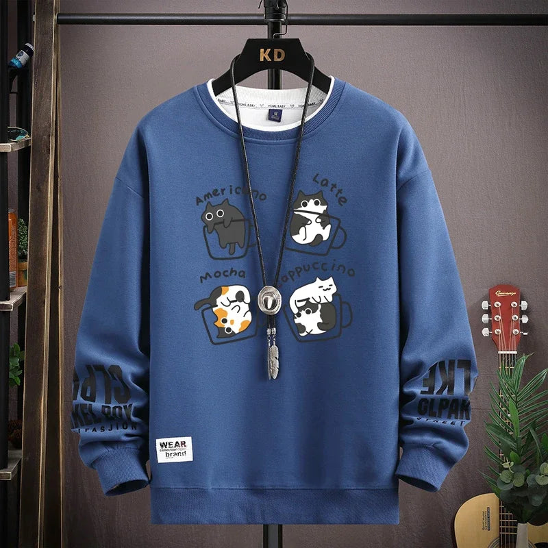 Spring Men's Sweatshirt Japan Cartoon Cats Printed Long Sleeve T-shirt Fashion Men's Clothing Khaki O Neck Harajuku Top 2024 New - Matrix Studios
