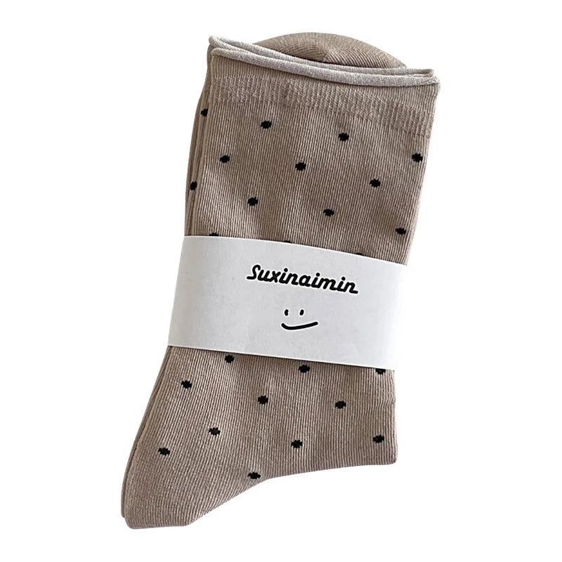 Women's spring summer thin vintage cream curled-edge women's socks polka dot mid-tube socks artistic socks women - Matrix Studios