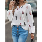 Fashion Woman Blouse Shirts For Women Stylish Top long Sleeve Feather Pattern Female Tops Elegant Chiffon Mujer Woman Clothes - Matrix-studios.com