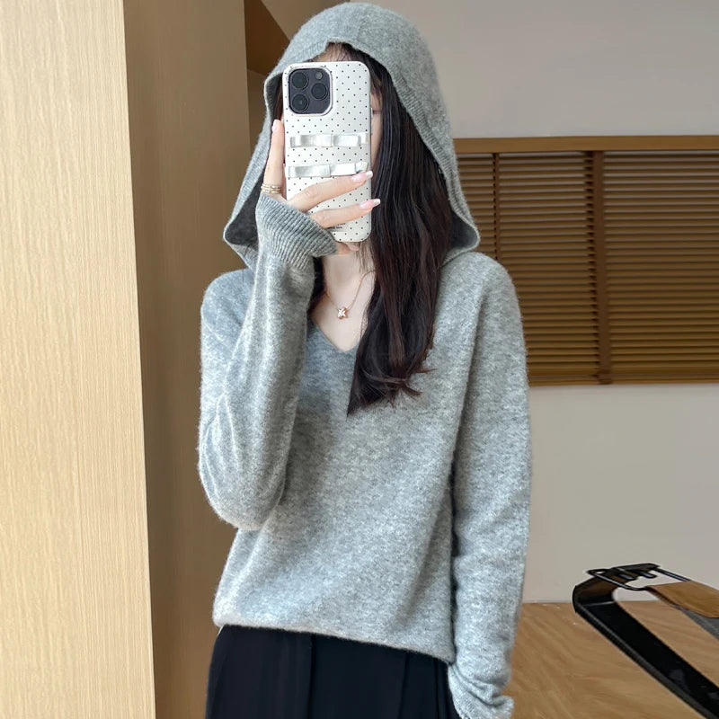 Women Autumn Winter Clothing Hooded Collar Pullover 100% Merino Wool Sweater New Fashion Cashmere Tops Bottoming Knitwear Soft - Matrix Studios