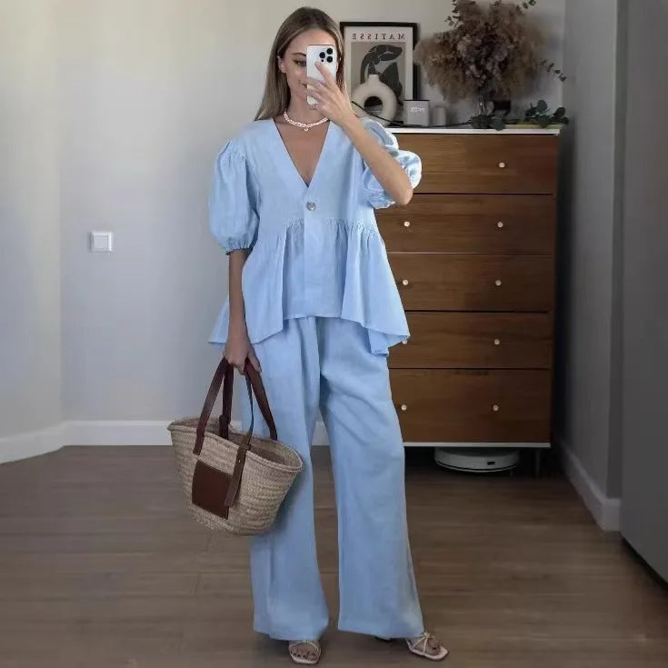2025 New Women Solid Color V-Neck Bubble Short-Sleeved Trousers Suit Summer Women Short T-Shirt Top + Long Pants Two Peice Sets - Matrix-studios.com