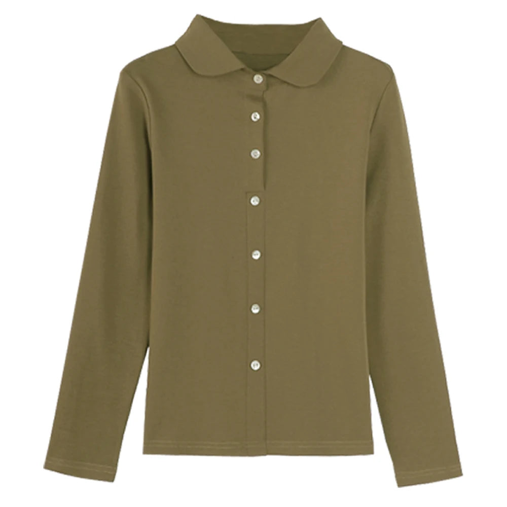 Pure cotton polo collar long sleeved t-shirt women's loose spring/summer new slimming and versatile fashion polo collar top - Matrix-studios.com