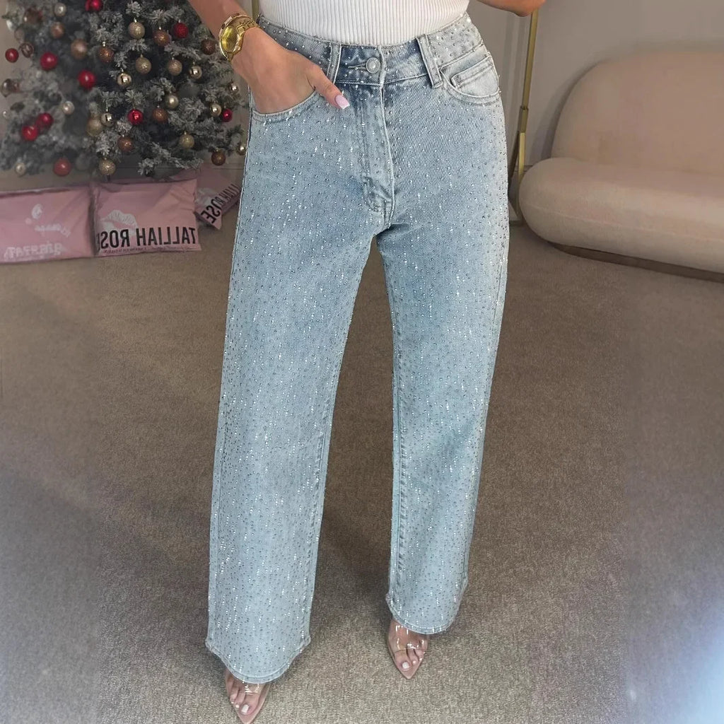Jeans for Women Straight Diamonds Pants Stretch High Waist Washed Mom Jeans Vintage Denims Streetwear Y2k Streetwear Trousers - Matrix-studios.com