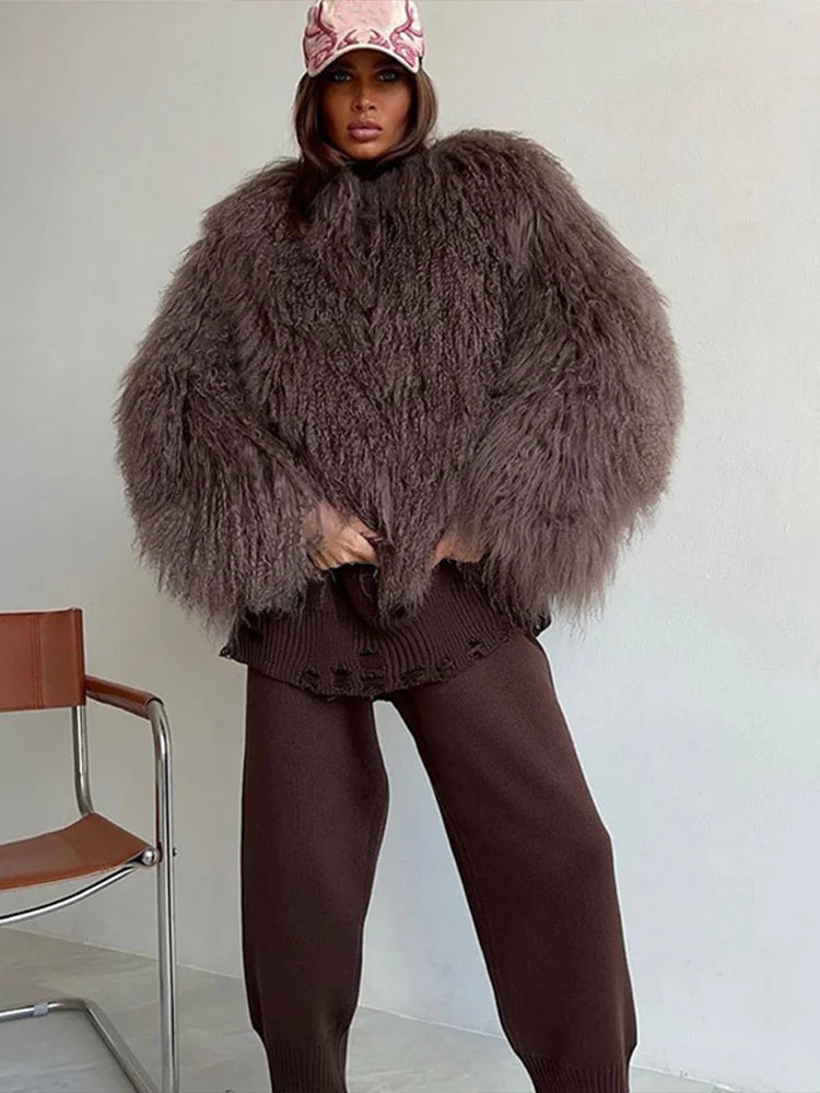 Solid Fluffy Woolen Faux Fur Jacket Women Fashion Turn Down Collar Long Sleeve Loose Coats Lady Winter Daily Street Outwears - Matrix Studios