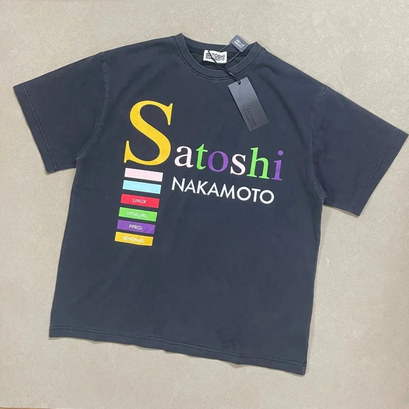 Color Code Bar Text Men T Shirt Satoshi Nakamoto Washed Black Oversized Double Print Tee - Matrix-studios.com