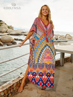 2026 Indie Folk Embroidered Short Sleeve Summer Dress Cotton Tunic Beach Kaftan Women Beachwear Swimsuit Cover Up Robe de plage - Matrix Studios