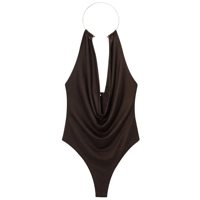 HXAO Brown Halter Bodysuit Women Summer Bodys For Sexy Women Off Shoulder Sleeveless Thong Bodysuit With Open Back Rave Bodysuit - Matrix-studios.com