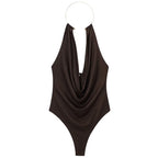 HXAO Brown Halter Bodysuit Women Summer Bodys For Sexy Women Off Shoulder Sleeveless Thong Bodysuit With Open Back Rave Bodysuit - Matrix-studios.com