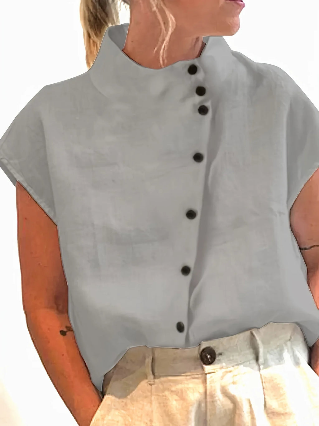 Summer Cotton Short Sleeve Blouse Women 2025 Fashion Button Stand Collar Loose Shirts And Blouses Tops Casual - Matrix-studios.com