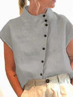 Summer Cotton Short Sleeve Blouse Women 2025 Fashion Button Stand Collar Loose Shirts And Blouses Tops Casual - Matrix-studios.com