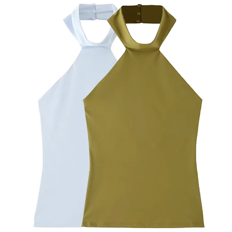 HXAO Halter Top Women Summer 2025 Tanks & Camis Green Blue Tight Tops Sexy Off Shoulder Sleeveless Backless Tops Elegant Vests - Matrix-studios.com