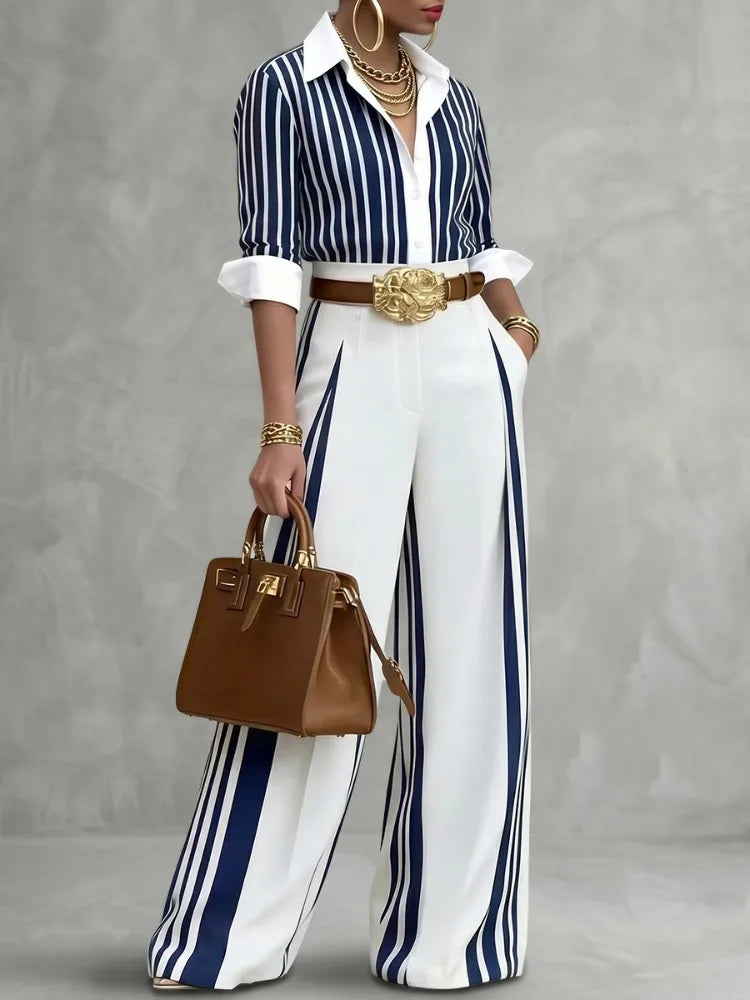 Yeezzi Women Formal Fashion Matching Set Contrast Color Striped Long Sleeve Lapel Blouse Wide Leg Full Length Pants 2 Piece Sets - Matrix-studios.com