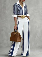 Yeezzi Women Formal Fashion Matching Set Contrast Color Striped Long Sleeve Lapel Blouse Wide Leg Full Length Pants 2 Piece Sets - Matrix-studios.com