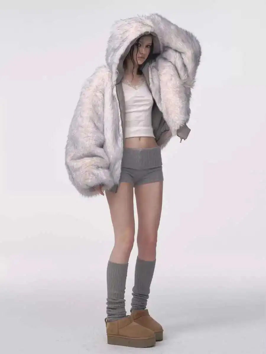 Winter American Retro Fur Coat Women Padded Hooded Cotton-Padded Jacket Plush Casual Street Gothic Harajuku Oversize Coat - Matrix Studios
