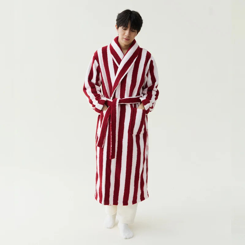 2025 New Autumn/Winter Women's Sleepwear Thick Velvet Warm Robe Couple Coral Velvet Striped Lengthed Home Clothes Bathrobe - Matrix-studios.com