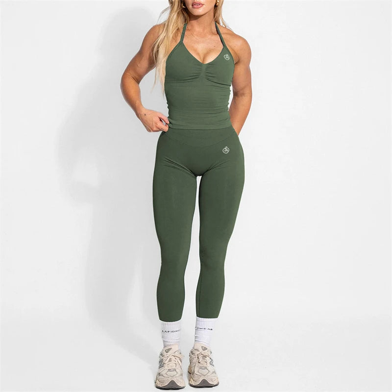 Women's Yoga Set Bum Balance Fitted Halter Tops & Shaping Pants 2pcs Yoga Sportwear Workout Gym Clothing High Waist Leggings Set - Matrix-studios.com