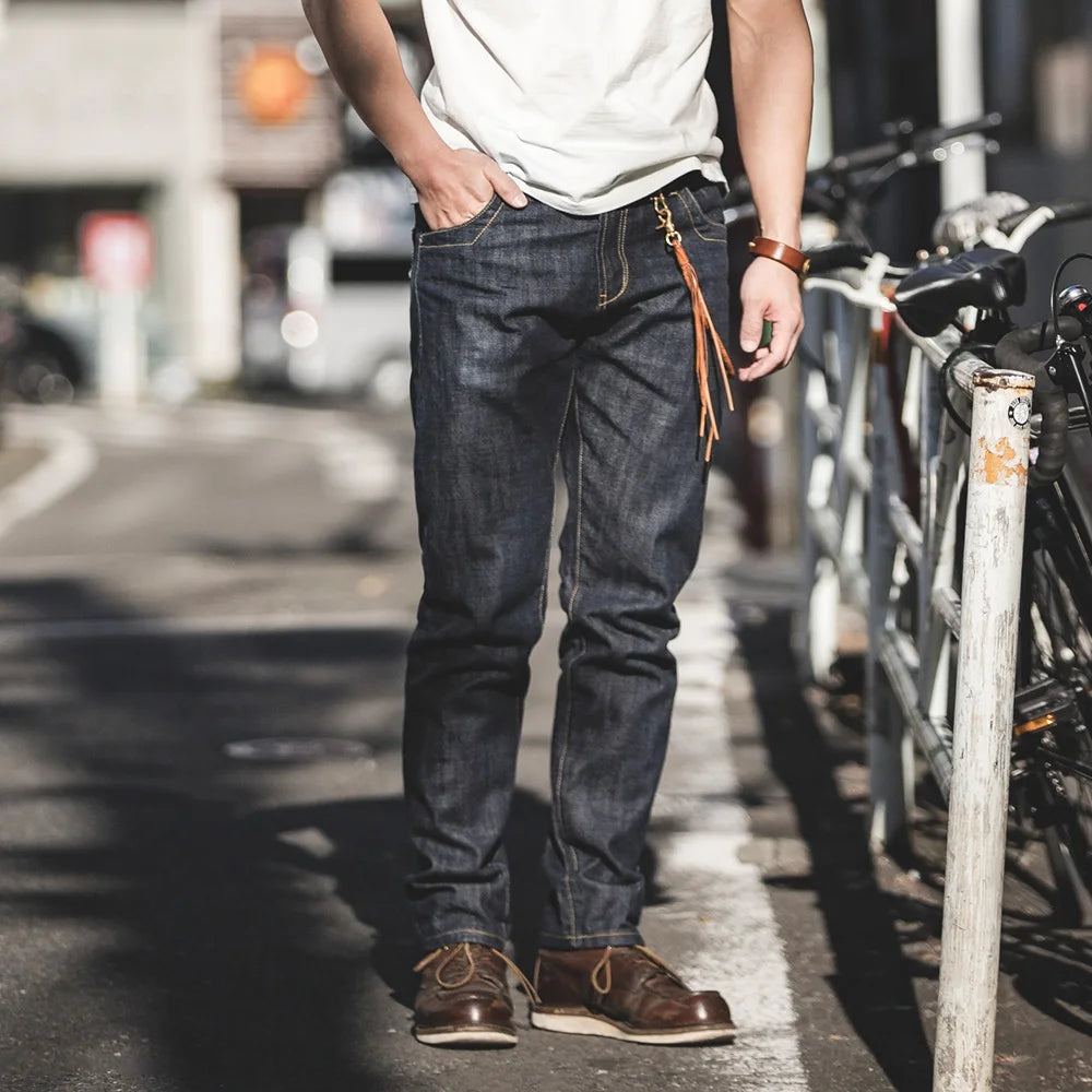Maden Vintage 14oz Selvedge Raw Denim Jeans Horsehair Leather Patch Straight Fit Jeans Men's Spring and fall Paris Buckle Pants - Matrix Studios