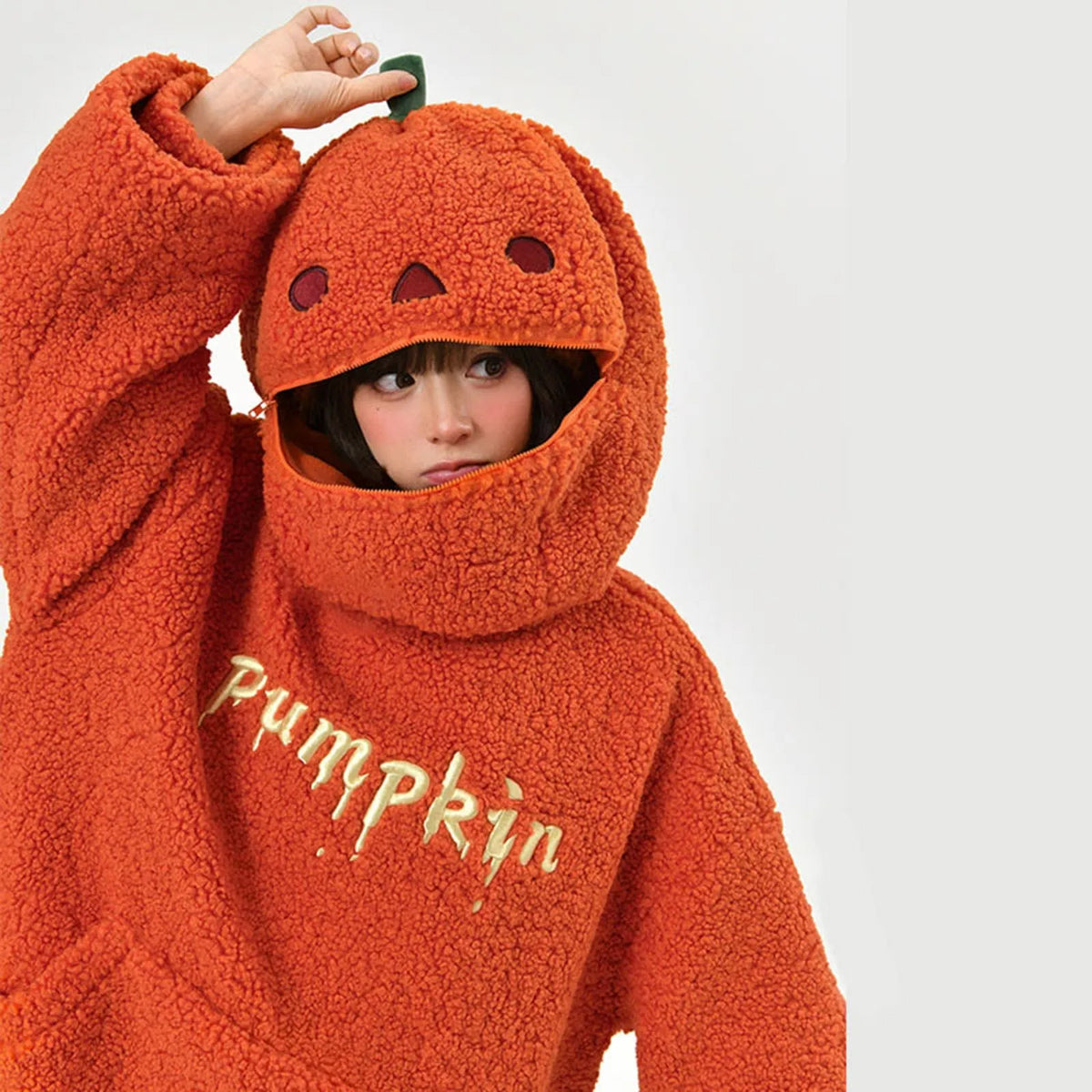Women's Halloween Pumpkin Shaped Hoodie Autumn Round Neck Hooded Sweatshirt Double-Faced Fleece Cute Halloween Sweater Tops - Matrix Studios