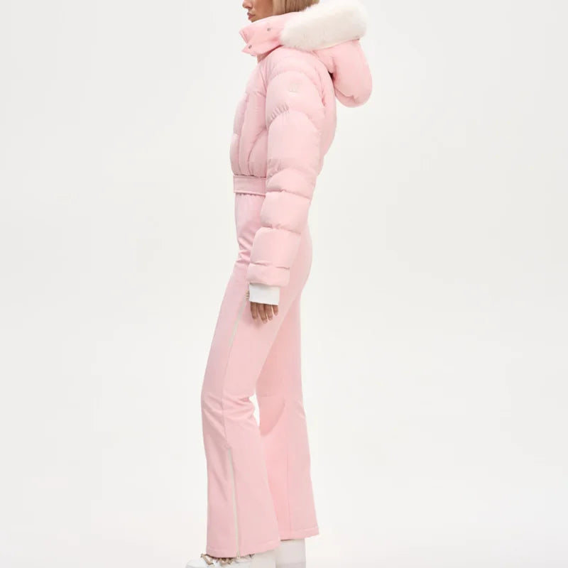 Casual Solid Tassels Women's Ski Suit Zippers Fur Hooded Slim High Waist Lady Jumpsuits 2025 Winter Fashion Female Warm Skiwear - Matrix Studios