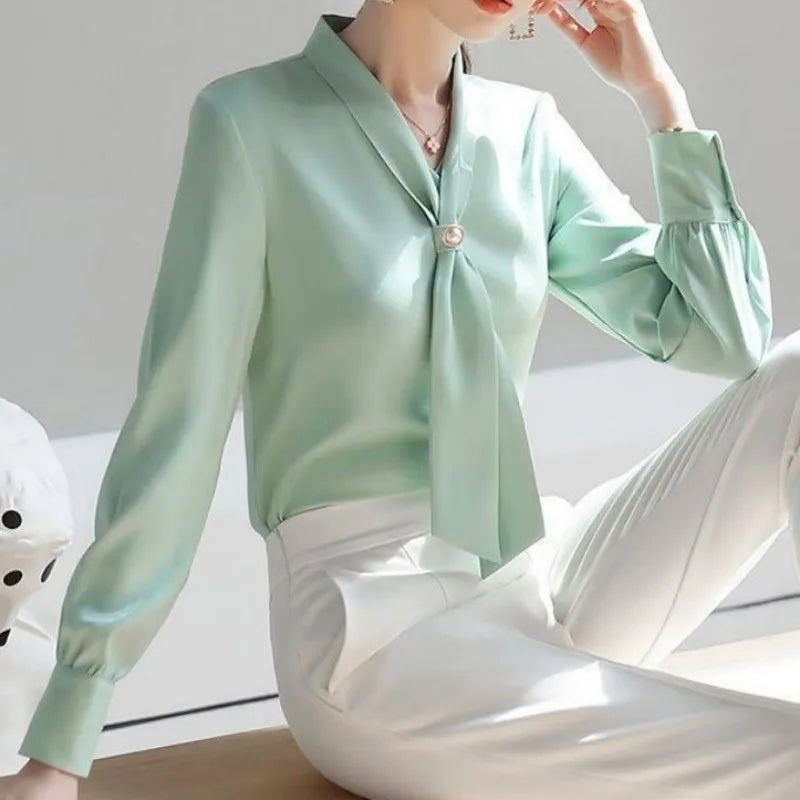 Women Spring Autumn Style Blouses Shirts Lady Casual Long Sleeve Bow Tie Collar Blusas Tops DF4958 - Matrix-studios.com