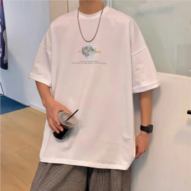 30kg To 120kg Korean Style Lazy Feeling Wearing Moon Pattern T-shirt Daily Basic Top Casual Versatile Shirt - Matrix Studios