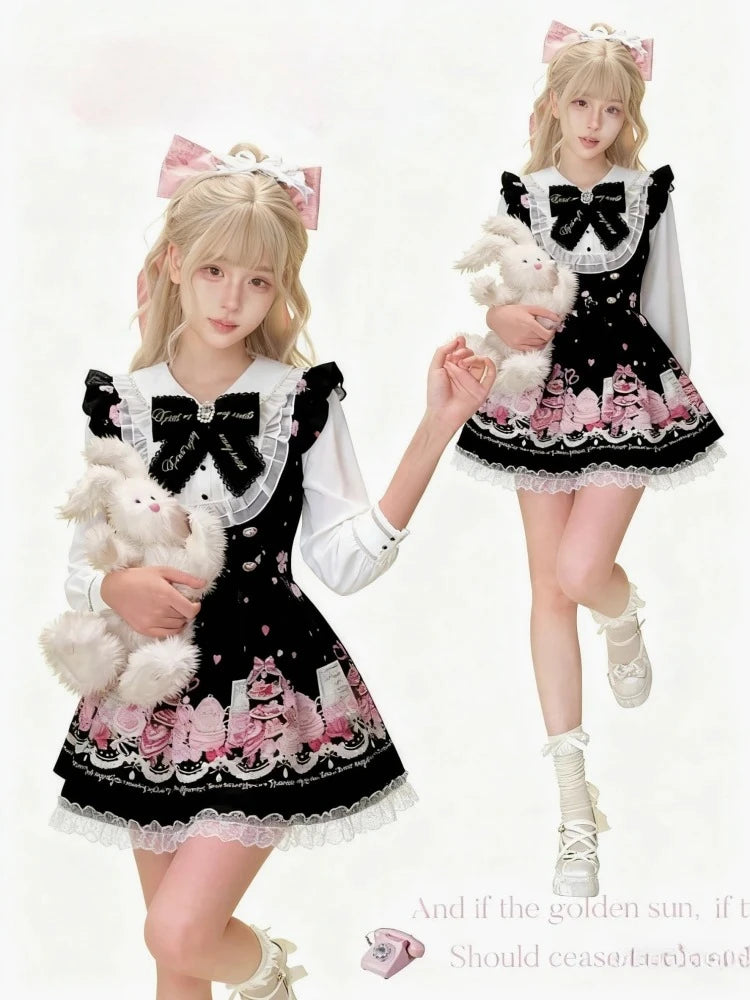 Harajuku Sweet Bow Black Plaid Dresses All-match Slim Fit Kawaii Lolita Dress for Women Autumn New Long Sleeve Vestidos De Mujer - Matrix-studios.com