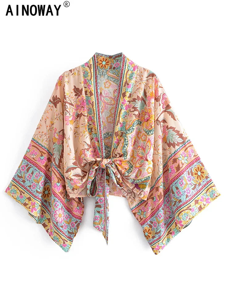 Vintage Peacock Floral Print Short Kimono Women Fashion Rayon Cotton Batwing Sleeves Ladies Beach Robe Bikini Boho Cover-ups - Matrix Studios