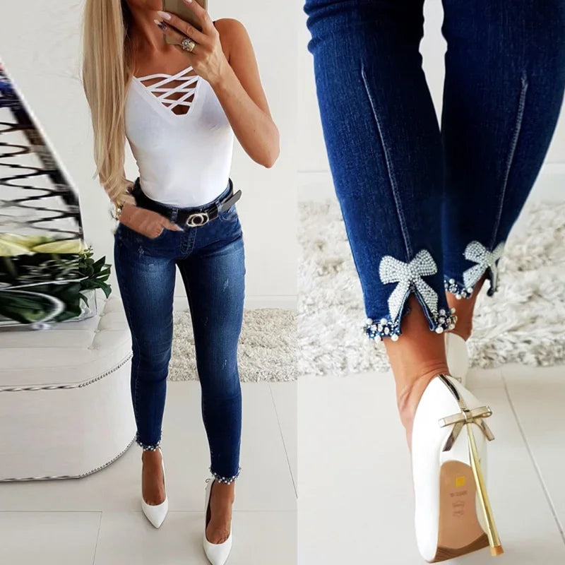 Pencil Pants Women Vintage Washed Jeans Sheath Denim Ankle Length Jean Pearls Solid Pockets Casual High Waist Skinny 2025 - Matrix-studios.com