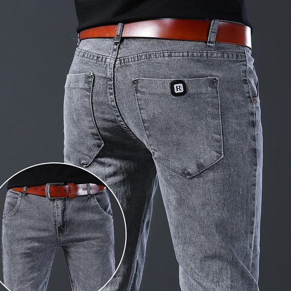 New style jeans, men's slim fit, Korean style comfortable straight leg elastic gray mid waist pants, men's casual denim pants - Matrix Studios