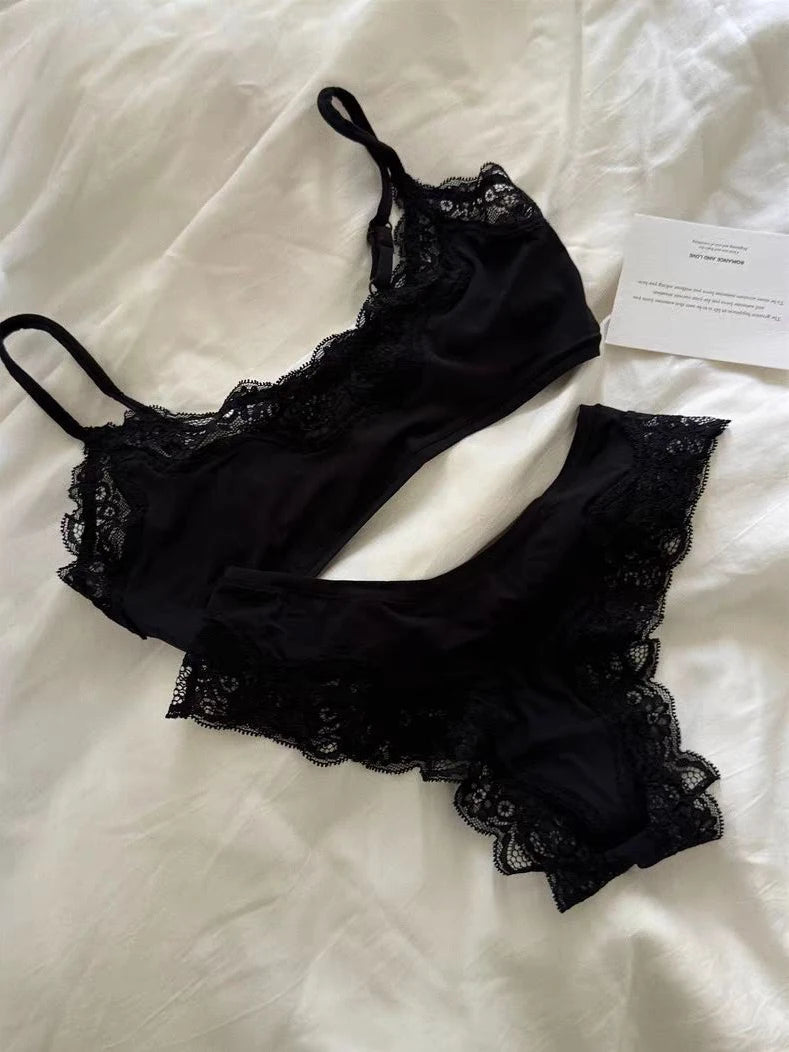 Lace Bra Set Woman Adjusted-strap Seamless Bras+Low Waist Panties Female Casual Simple Solid High Elasticity Lingerie Sets - Matrix-studios.com