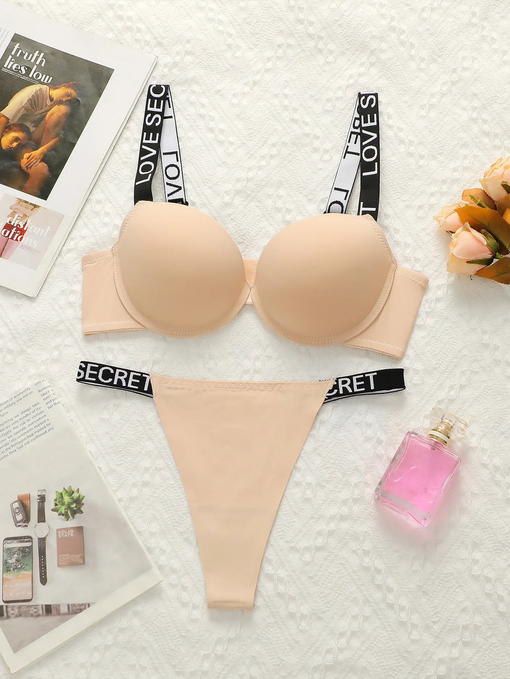 The Best-selling Sexy Gathering Promotion Style Glossy Letter Shoulder Strap Two-piece Women's Underwear Set B2050 - Matrix-studios.com