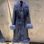 Suede Coat Fur Collar Women Autumn Genuine Sheepskin Coat Long with Mongfolian Fur Trim - Matrix Studios
