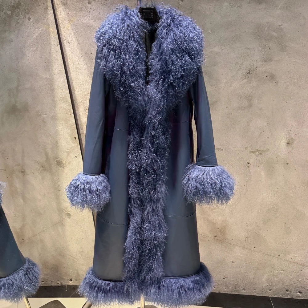 Suede Coat Fur Collar Women Autumn Genuine Sheepskin Coat Long with Mongfolian Fur Trim - Matrix Studios