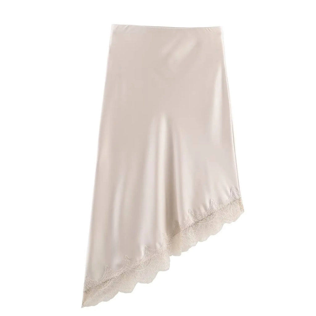 BSAY Lace Asymmetry Satin Texture Skirt Women Fashion Autumn Winter New Solid Chic Female High Waist Elegant Skirts Mujer - Matrix-studios.com