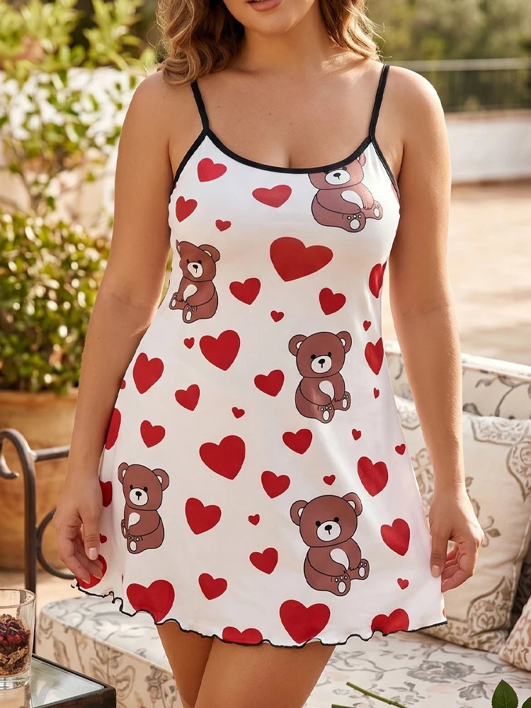 Summer Cute Teddy Bear Hearts Butterfly Floral Printed Nightgowns Women Cozy Sleeveless Ruffled Sleepwear Female Thin Nightdress - Matrix-studios.com