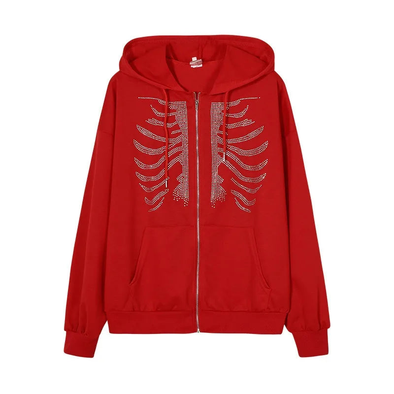 Y2K Rhinestone Skeleton Hoodies Women Gothic Black Zip Up Oversized Sweatshirts Female Retro Harajuku Hooded Jacket Streetwear - Matrix Studios