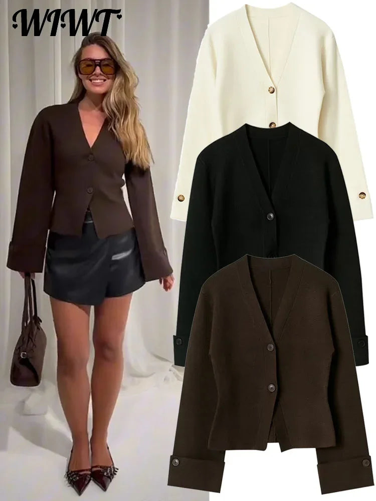 Knitted V-neck Single Breasted Cardigans Women's Slim Buttons Design Full Sleeve Sweater Coat 2025 Autumn New Female Chic Tops - Matrix Studios