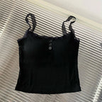 Summer Lace Strap Patchwork Camisole Women Solid Color Sleeveless Buttons Tank Top - Matrix-studios.com