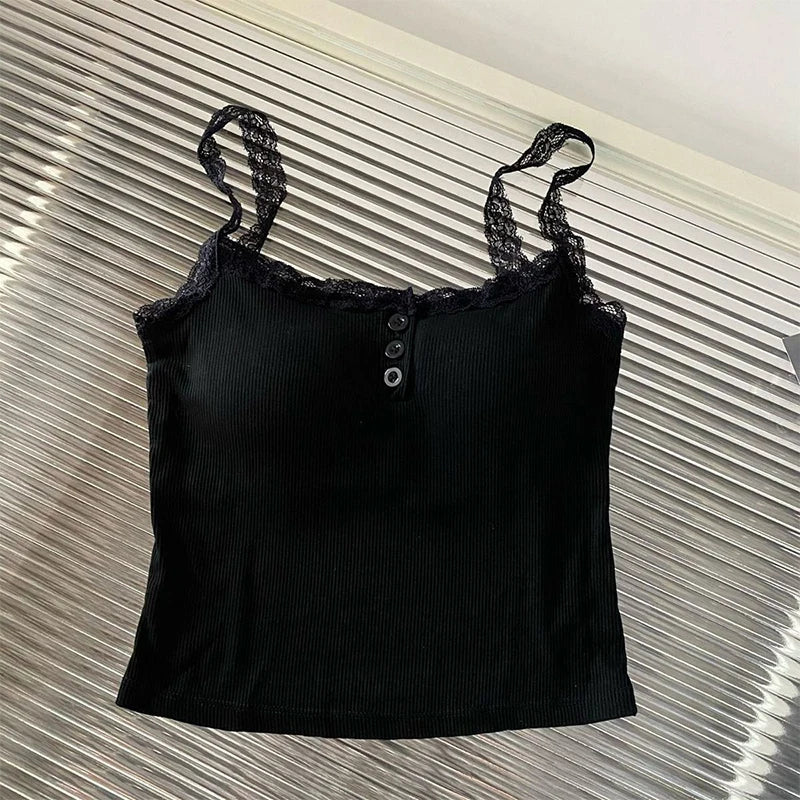 Summer Lace Strap Patchwork Camisole Women Solid Color Sleeveless Buttons Tank Top - Matrix-studios.com