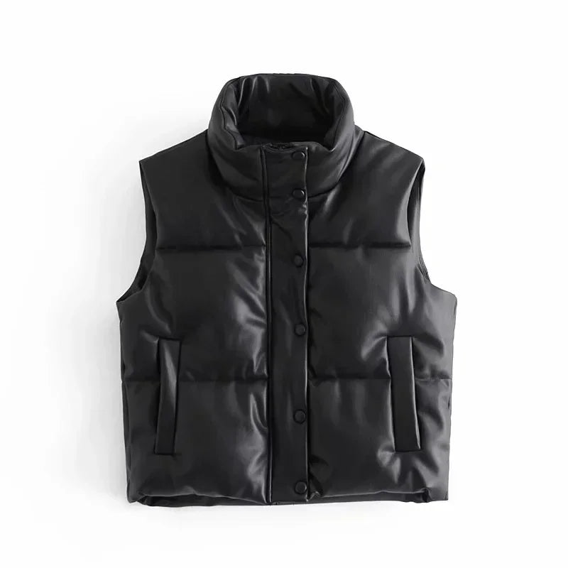 Autumn Winter PU Leather Coat Women Black Stand Collar Vests Women Fashion Zipper Elegant Short Vests Female Ladies - Matrix Studios