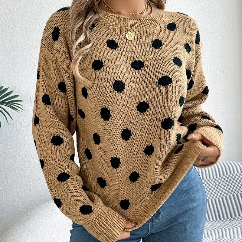 2025 Autumn/Winter Casual Contrast Color Polka Dot Sweater Women Round Neck Loose Pullover Female Fashionable Retro Outerwear - Matrix Studios