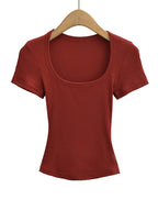 Summer square neck high elasticity crop top women's short sleeved sexy top slim fit pullover base shirt - Matrix-studios.com