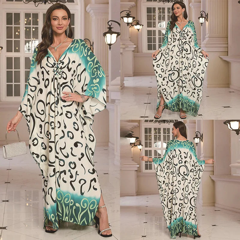 Kaftan Dresses for Women Wave Neck Swimsuit Cover Up Caftan Dress Plus Size Oversized Long Beach Dress - Matrix Studios