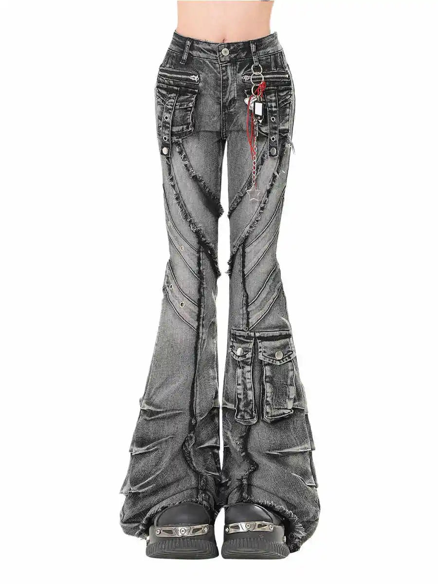 2025 Autumn Winter Women's Denim Pants Dark Academia Cargo Jean Flared Bell Bottom Designer Kpop Japanese Y2k 2000s Goblin Core - Matrix-studios.com
