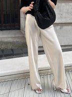 Chic Satin Wide Leg Dress Pants Women's Stylish Elastic Waist Loose Fit Long Trousers for Streetwear Work Solid Color