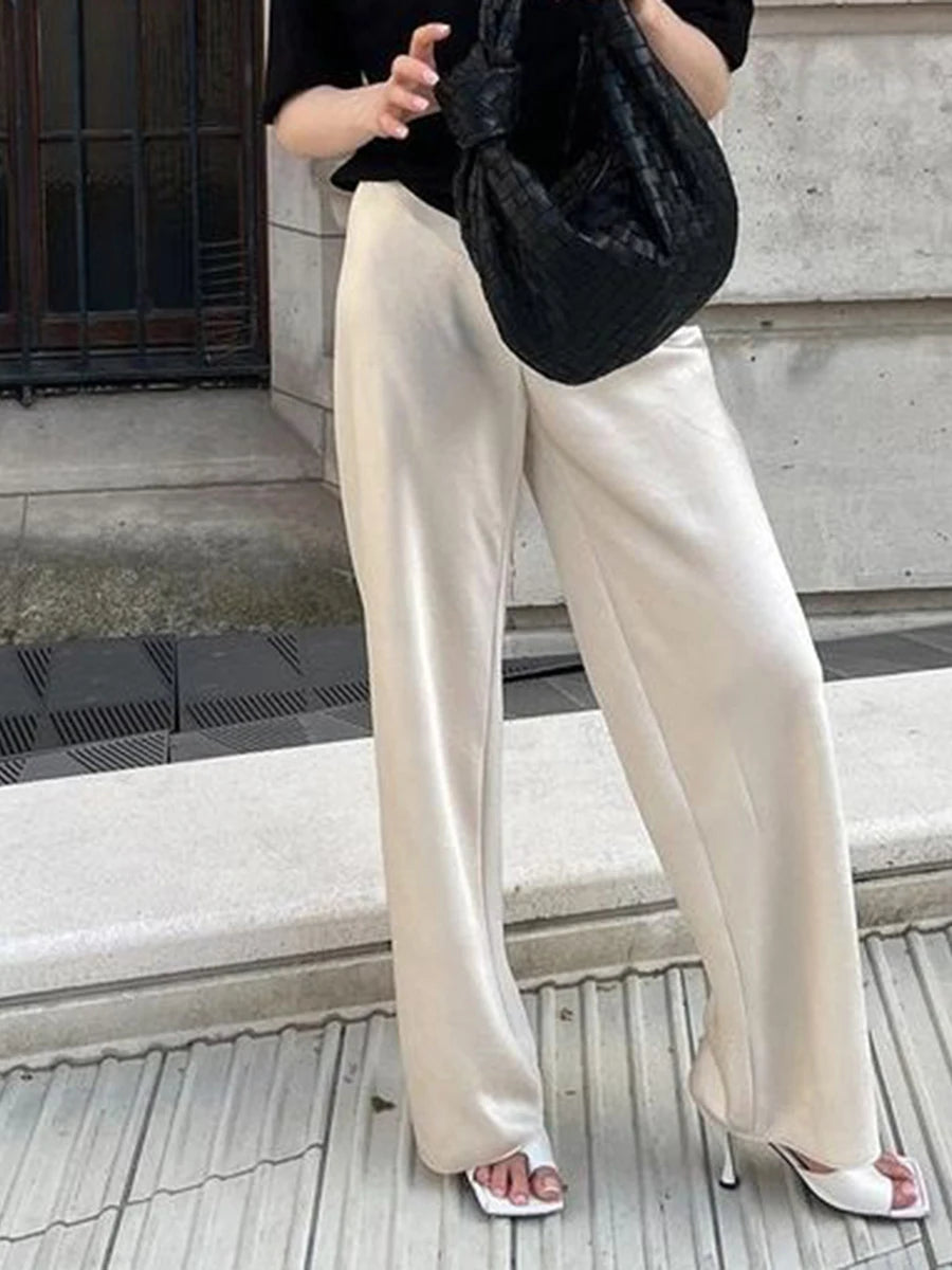Chic Satin Wide Leg Dress Pants Women's Stylish Elastic Waist Loose Fit Long Trousers for Streetwear Work Solid Color