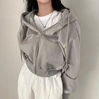 Korean Hood Shirt Women Fashion Fleece Lined Loose Hoodies Zipper Long Sleeve Crop Tops Harajuku Female Jackets Coats Sweatshirt - Matrix Studios