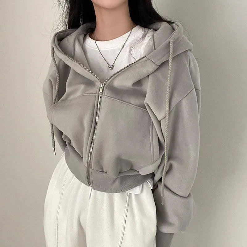 Korean Hood Shirt Women Fashion Fleece Lined Loose Hoodies Zipper Long Sleeve Crop Tops Harajuku Female Jackets Coats Sweatshirt - Matrix Studios
