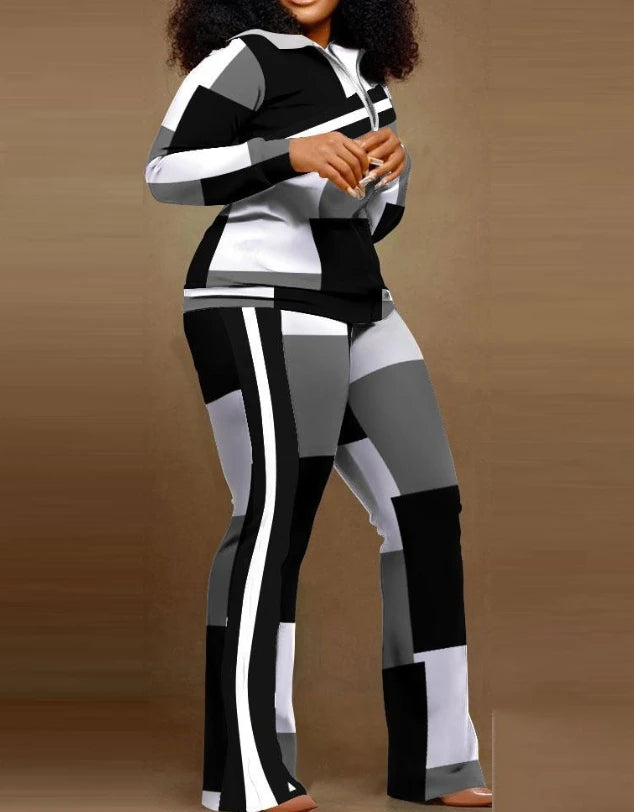Two Piece Set Women Outfit 2023 Autumn Fashion Geometric Print Stand Collar Long Sleeve Zip Up Top & Casual Sporty Pants Set - Matrix-studios.com